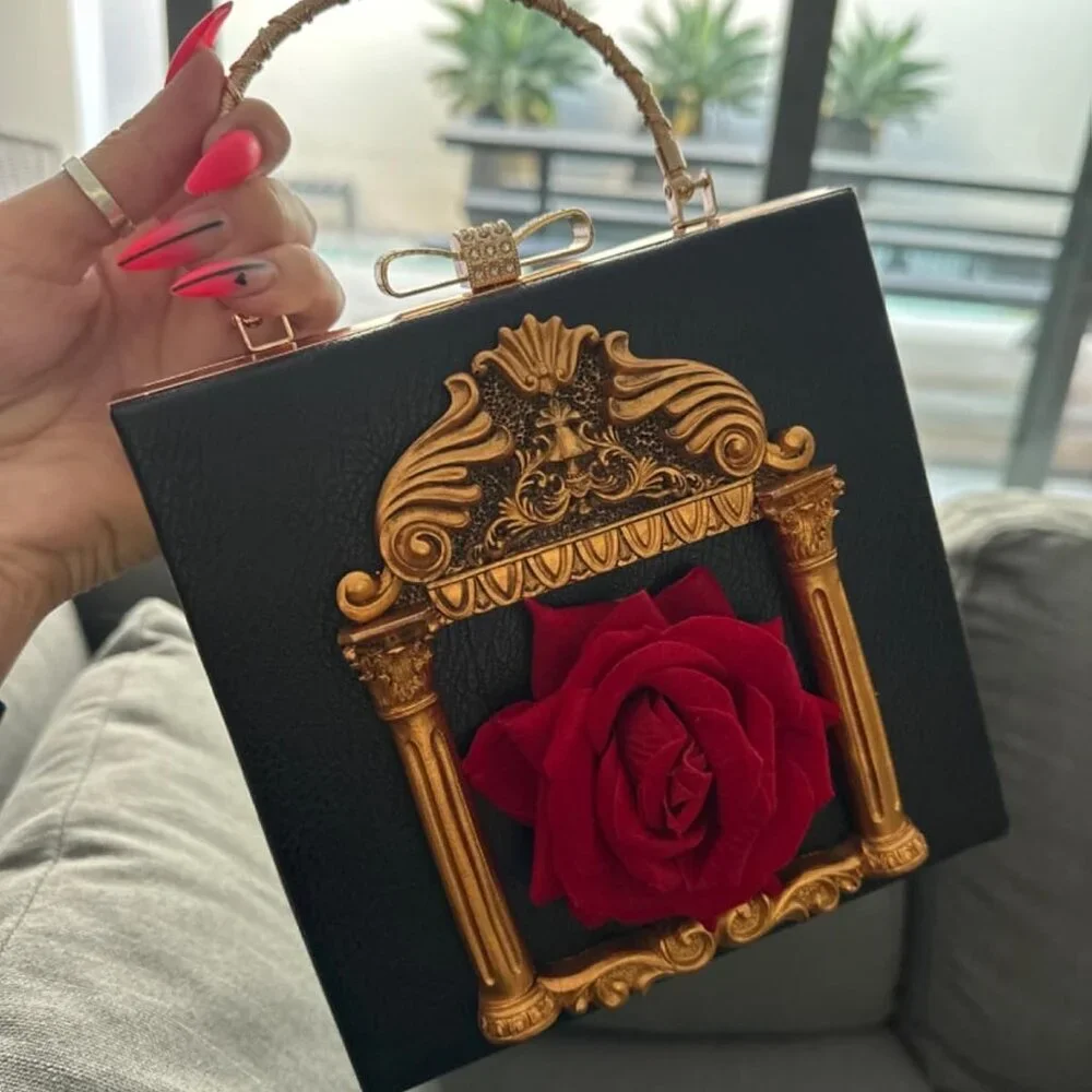 ⚡Women's Black Gold Love Angel Evening Rose Embossed Formal Crossbody Clutch Bag
